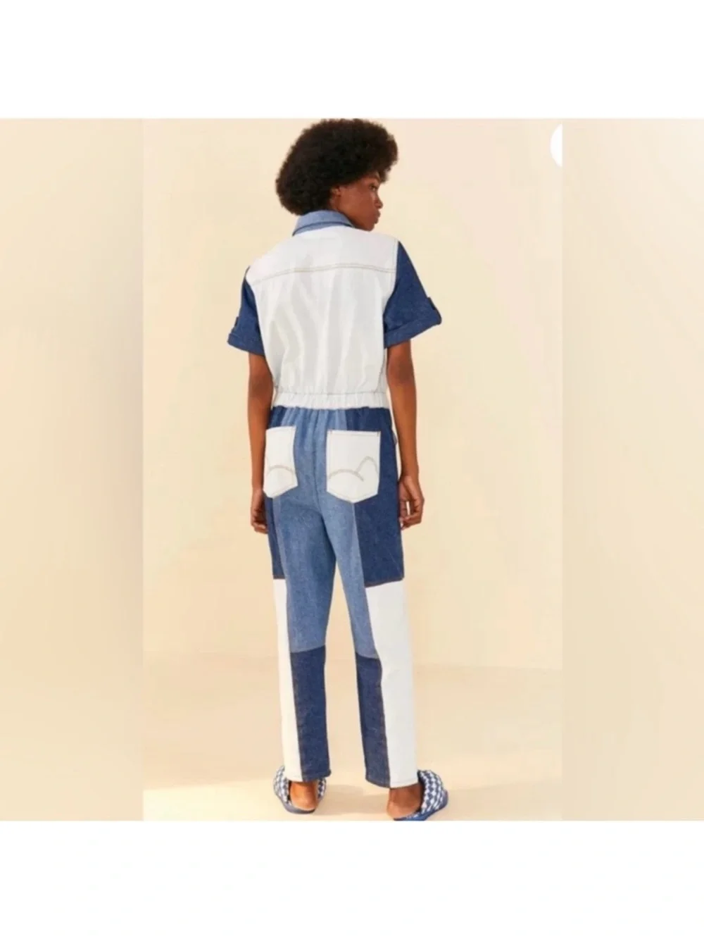 FARM Rio Colorblock Patchwork Denim Jumpsuit in Blue and White Size 24